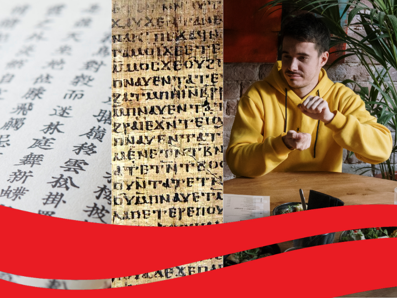 From left to right: Japanese writing, Sahidic Coptic script, and an image of a person doing ASL