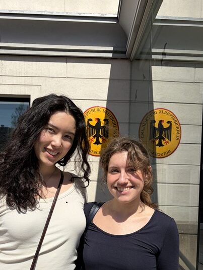 Jordan and Cora pose in front of the German Embassy
