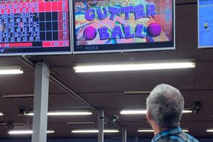 Mike Barker celebrating gutter ball