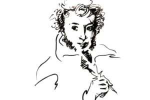 Black and white sketch of Pushkin holding a quill pen