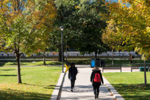 Students walking around campus
