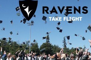 Students toss caps into air. Caption reads: Ravens take flight