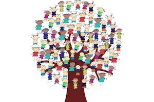 A cartoon of many children up in a tree.