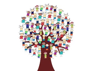 A cartoon of many children up in a tree.