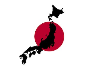 the Japanese flag with a map of the country on top in black
