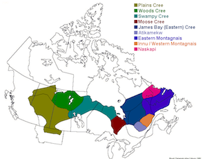 map shows where Cree is spoken in Canada and US.