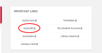 Screenshot of the 'Important Links' area of a Carelton360  webpage, with MyAudit circled in Red