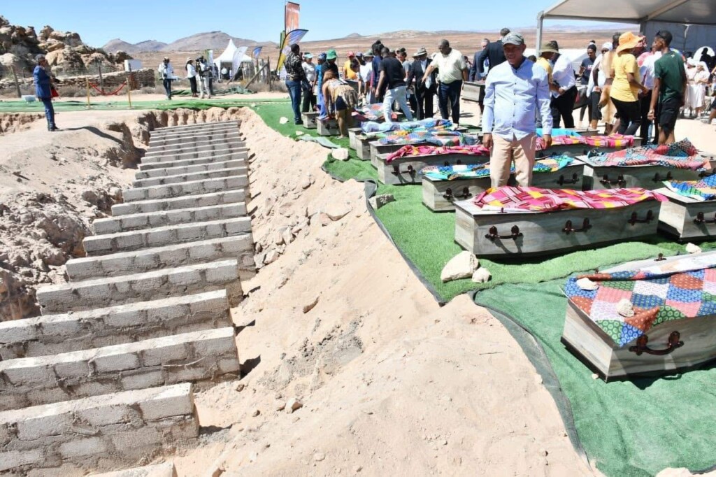 Image from the reburial ceremony of Khoe remains at the Kinderlê Monument.