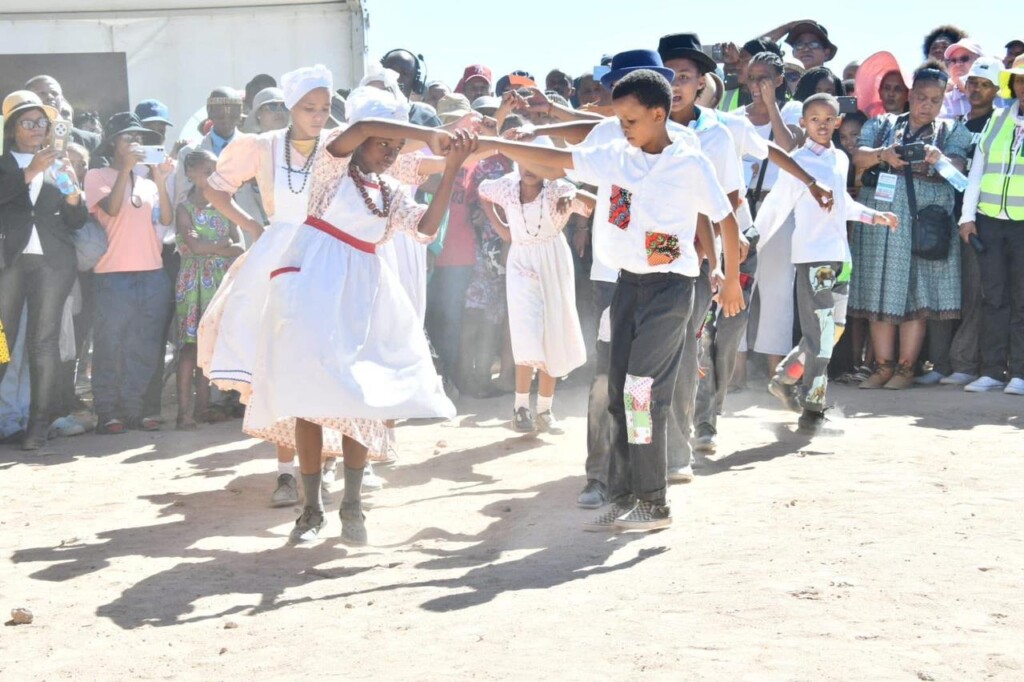 Image from the reburial ceremony of Khoe remains at the Kinderlê Monument.