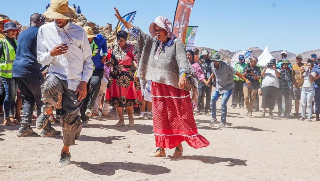 Image from the reburial ceremony of Khoe remains at the Kinderlê Monument.
