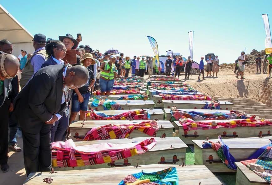 Image from the reburial ceremony of Khoe remains at the Kinderlê Monument.