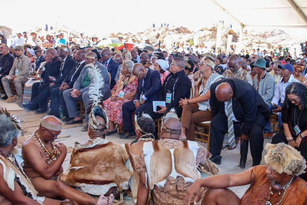 Image from the reburial ceremony of Khoe remains at the Kinderlê Monument.