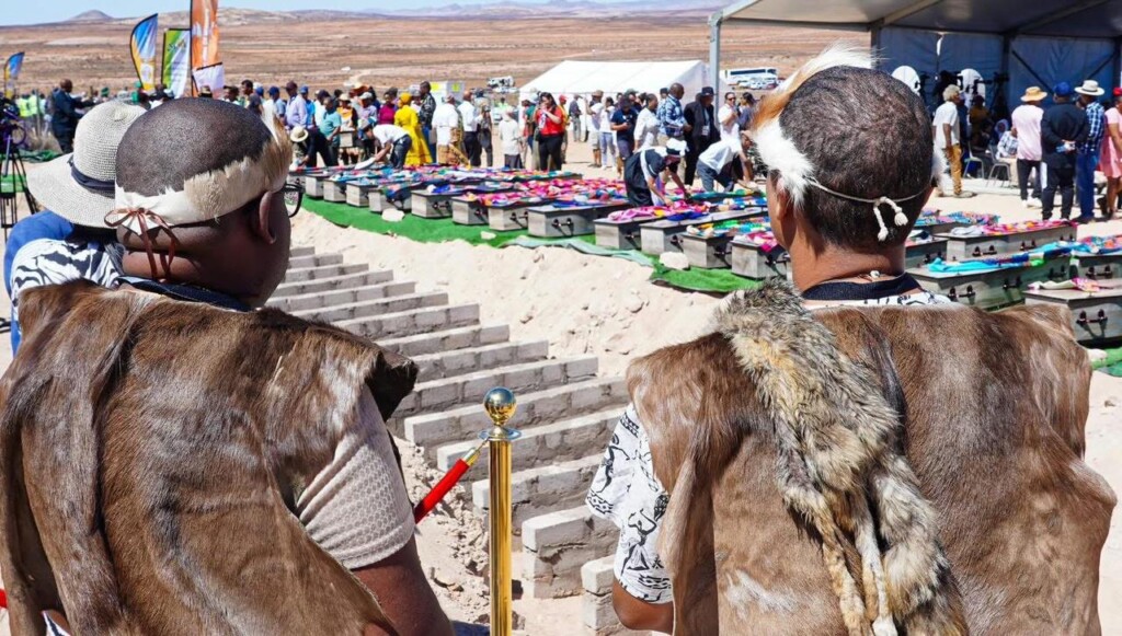 Image from the reburial ceremony of Khoe remains at the Kinderlê Monument.