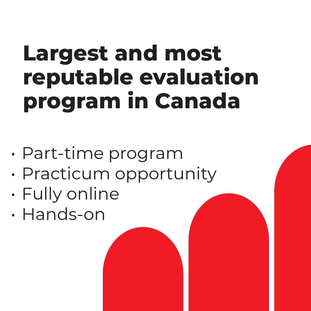 Text: Largest and most reputable evaluation program in Canada. Bullet points: Part-time program, Practicum opportunity, Fully online, Hands-on