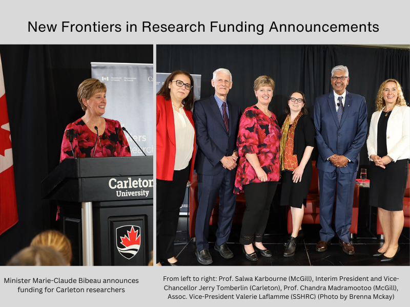 photo from podium of Minister Bibeau and group photo From left to right: Prof. Salwa Karbourne (McGill), Interim President and Vice-Chancellor Jerry Tomberlin (Carleton), Prof. Chandra Madramootoo (McGill), Assoc. Vice-President Valerie Laflamme (SSHRC) (Photo by Brenna Mckay) 