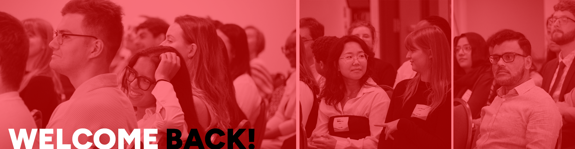 Welcome Back with pictures of students faded in the back 