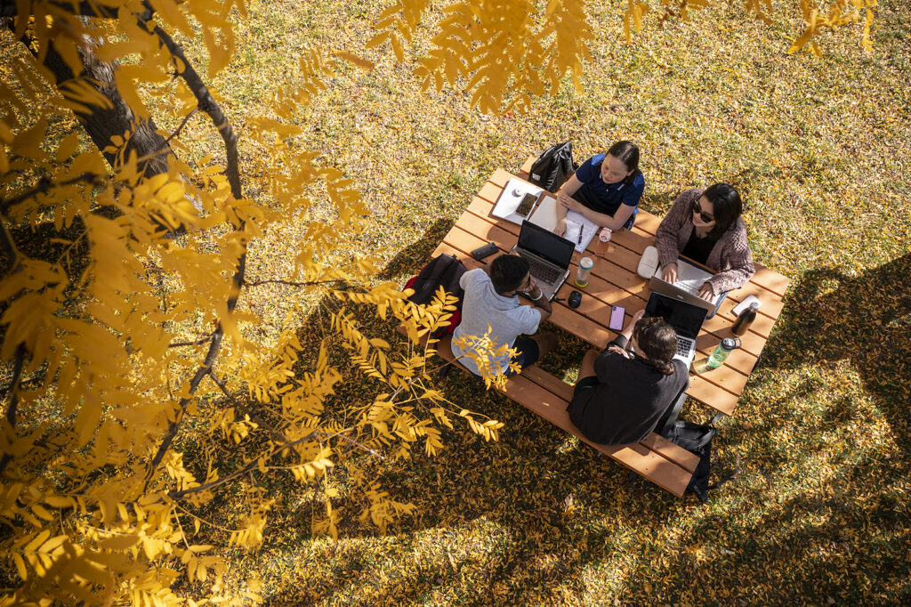 An aerial view of four students sitting at a picnic table