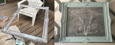 A picture frame turned into chalkboard mantel decor