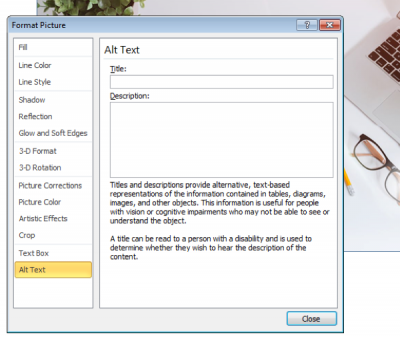 A screen shot of the format picture menu for adding alt text