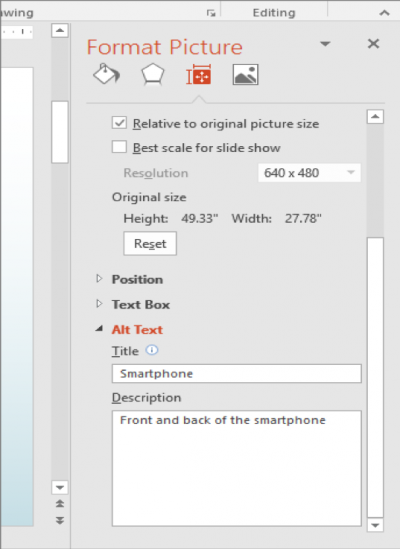 A screenshot of where to add alt text to pictures