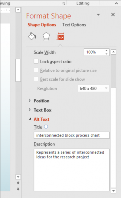 A screenshot of where to add alt text to shapes
