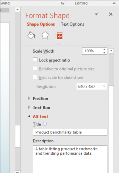 A screenshot of where to add alt text to tables and charts