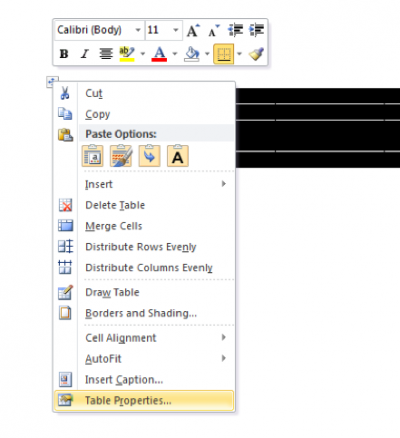 A screenshot of the menu that appears when you right-click a table