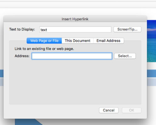 Screenshot of where to add hyperlinks