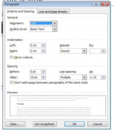 A screenshot of the menu for indents and spacing in Word