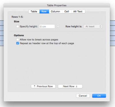 A screenshot of the menu for repeating the header row at the top of each page