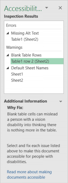 A screenshot of how errors and warnings appear in the Accessibility Checker