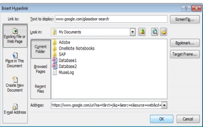 A screenshot of the menu for inserting hyperlinks