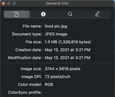 general info window - Mac - Image properties
