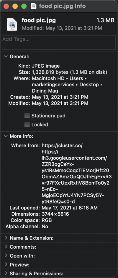 info window - mac - image properties