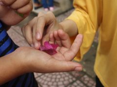ower petal in the palm of a little girl's hand