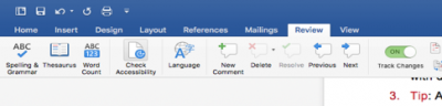 A screenshot of the Review tab in Word