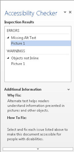 A screenshot of the Accessibility Checker in Word