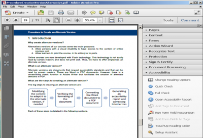 A screenshot of the accessibility tools menu in Adobe Acrobat Pro