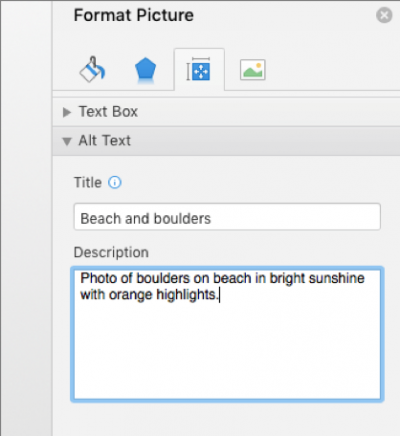 A screenshot of the menu for adding alt text to an image