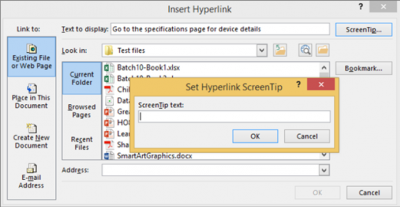 A screenshot of where to add screen tips to hyperlinks in Windows