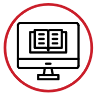 drawing of a computer with a book on the screen. Outlined by a red circle
