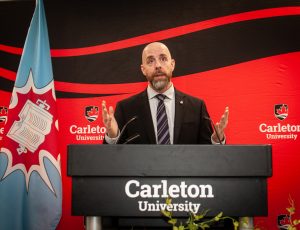 CU President, Benoit-Antoine Bacon addresses a crowd at the Future Learning Lab launch