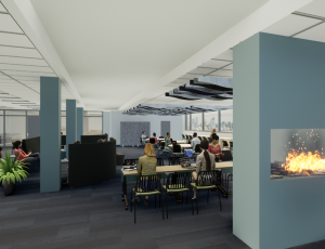 Rendering of the Future Learning Lab featuring a fireplace and seating area