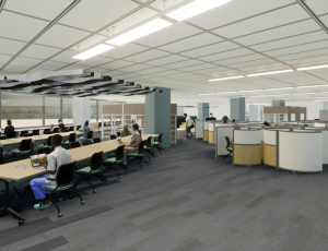 Rendering of some of the study spaces and VR booths in the Future Learning Lab
