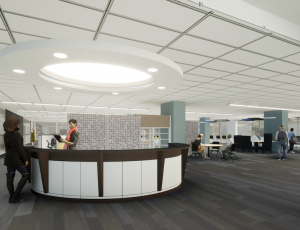 Rendering of the welcome desk area of the Future Learning Lab