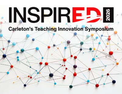 Different coloured pushpins all connected in various ways with the text: InspirED 2026 Carleton's Teaching Innovation Symposium