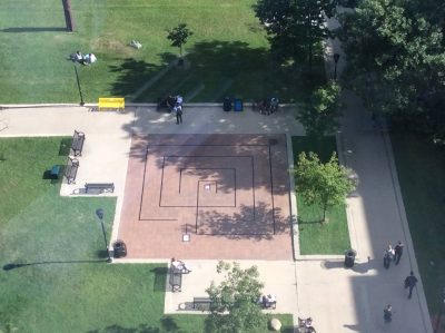 Aerial shot of the walking labyrinth in the quad