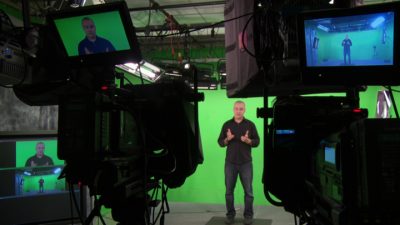 The greenscreen setup in the Media Production studio