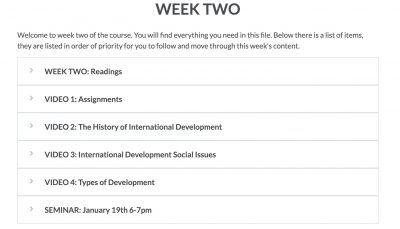 A screenshot of a weekly schedule using the accordion feature in Brightspace