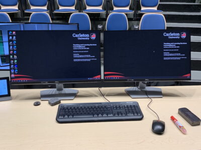 Two monitor setup on teaching desk